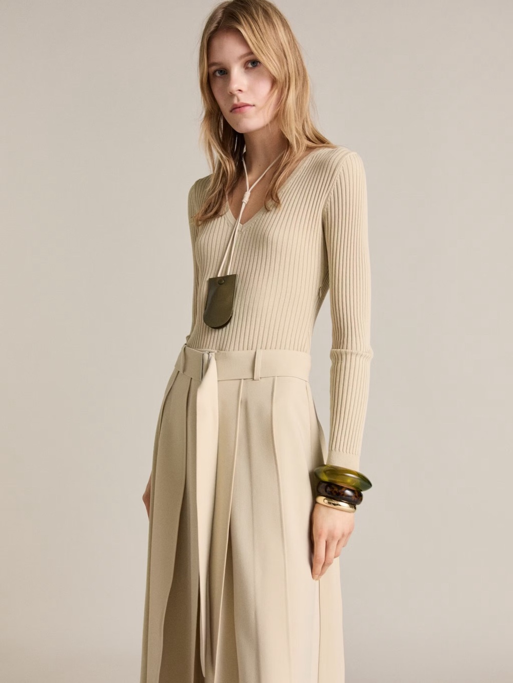 MANGO NWT Ecru Ribbed Knit Pleated Belted Midi Dress 8